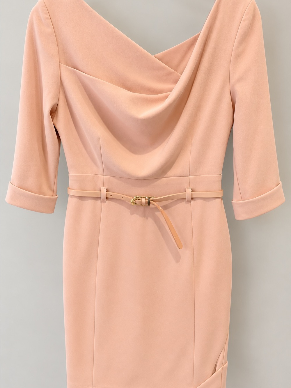 Black Halo Peach Draped Sheath Dress with Slim Belt